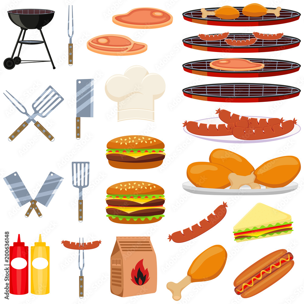 Colorful cartoon bbq outdoors 23 element set