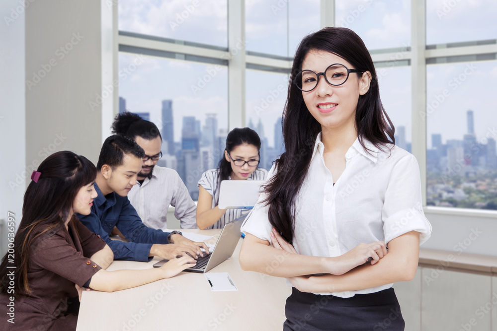 Fototapeta premium Beautiful manager folded hands in the boardroom