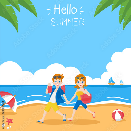 Young couple character in love on summer holidays run on beach, Friendly smiling man woman with sun glasses ready to enjoy vacation, romance, blue sky, red white ball, flat design vector illustration.