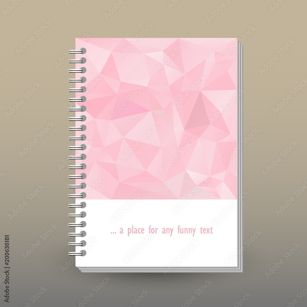 Fototapeta premium vector cover of diary or notebook with ring spiral binder - format A5 - layout brochure concept - cute pastel baby pink colored - polygonal triangle pattern