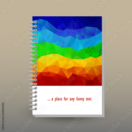 vector cover of diary or notebook with ring spiral binder - format A5 - layout brochure concept - rainbow colored with full color spectrum -  polygonal triangle pattern