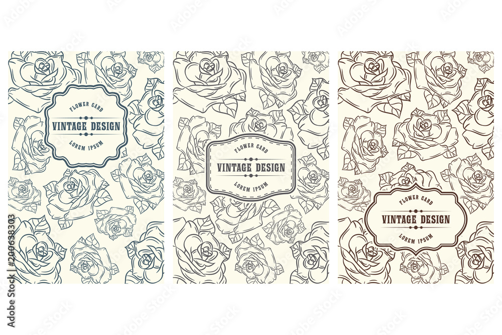 Vintage card design with rose flower. Set of retro ornamental frame on floral background. Botanical pattern for cover of invitation, banner, wedding card. Vector illustration.