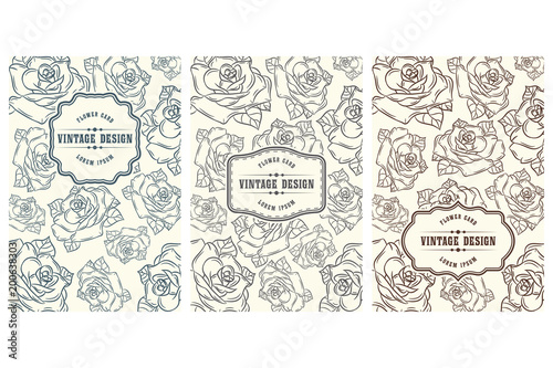 Vintage card design with rose flower. Set of retro ornamental frame on floral background. Botanical pattern for cover of invitation, banner, wedding card. Vector illustration.