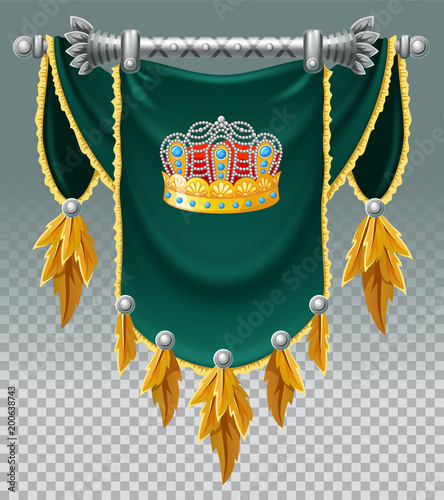 Set of icons of multicolored medieval vertical flag decorated with a crown for game. Has place for Inscription or logo. Isolated realistic vector illustration.