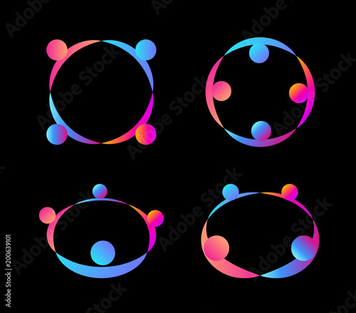 Abstract people holding hands stand in a circle icons set. Consulting logo concept. Friendship, collective, global business union. Child school, kindergarten isolated vector icon collection.