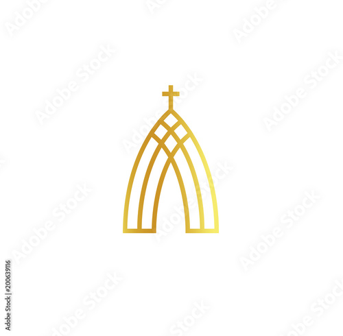 Church abstract minimalistic golden logo on white background. Outline religion vector logotype. Christian faith symbol.