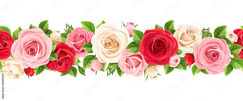 Border With Red, Pink And White Roses And Green Leaves Royalty Free SVG,  Cliparts, Vectors, and Stock Illustration. Image 169864613.