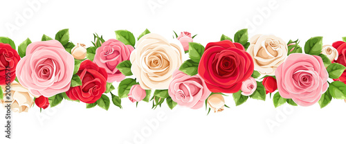 Vector horizontal seamless garland with red, pink and white roses and green leaves.