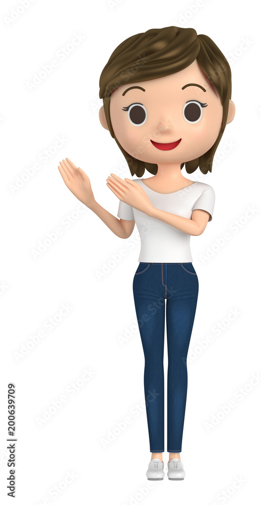 3D illustration character - A woman wearing a T-shirt explains.