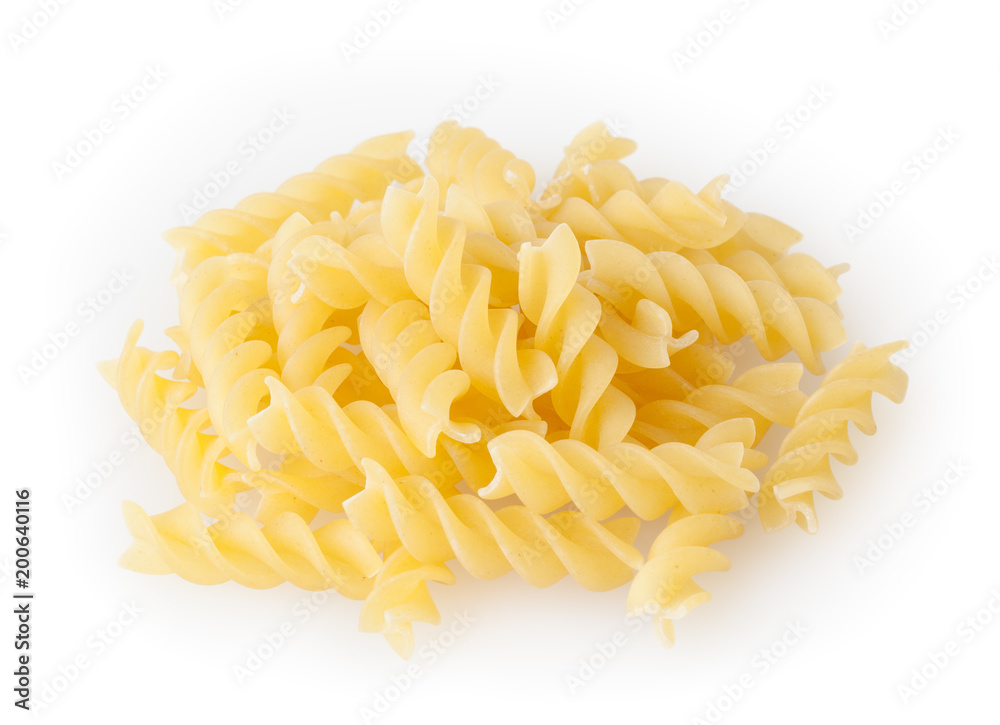 Heap of fusilli pasta isolated on white background with clipping path Heap of fusilli pasta isolated on white background with clipping path