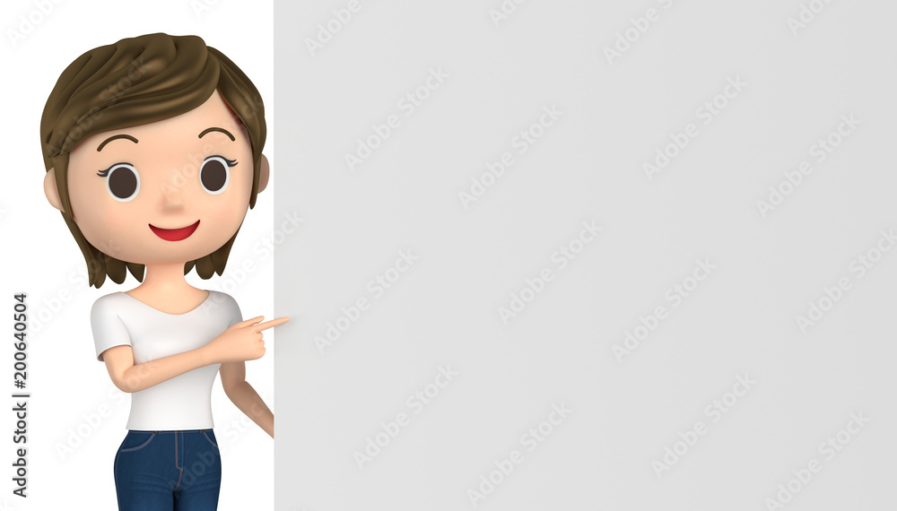 3D illustration character - A woman in a T-shirt points to a white board. 3D illustration character - A woman in a T-shirt points to a white board.