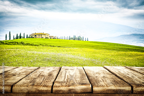 desk of free space and spring landscape of tuscany. 
