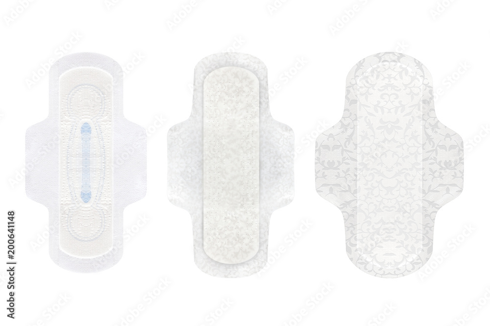Menstrual tampons and pads for menstruation cycle, isolated on white background, clipping paths included Menstrual tampons and pads for menstruation cycle, isolated on white background, clipping paths included