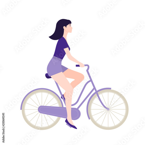 The girl is riding a bicycle. Rest and vacation. Healthy lifestyle. Vector flat illustration.