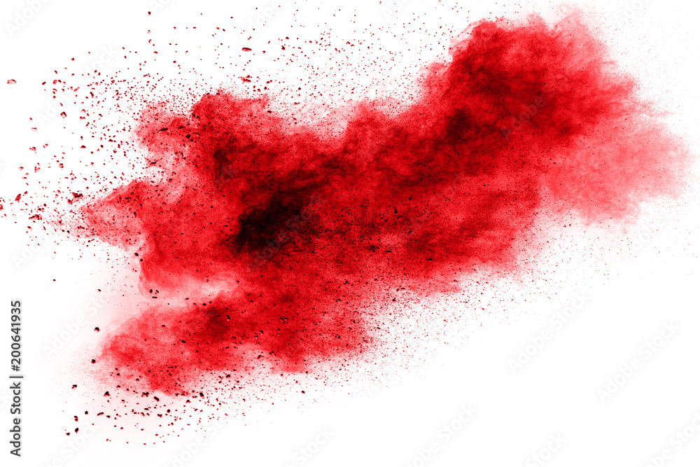 abstract red powder explosion on  white background. abstract red dust splattered on background. Freeze motion of red powder splashing.