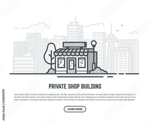 Online store building. Store building near park with trees and big city skyscrapers on background. Flat vector linear illustration. Tree and bushes with street lamp. Trendy line style vector.