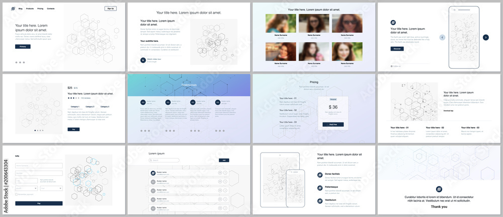 Vector templates for website design, minimal presentations, portfolio. UI, UX, GUI. Design of headers, dashboard, contact forms, features, pricing, e-commerce page, blog etc. Social network concept.
