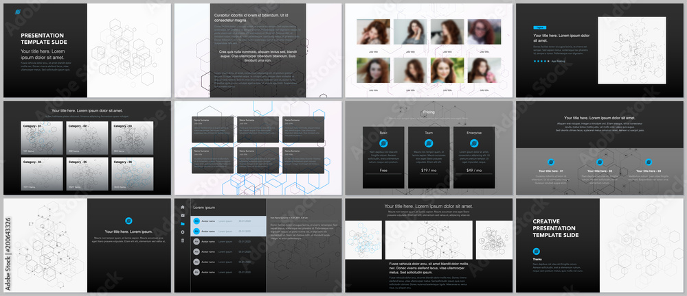 Minimal presentations, portfolio templates. Simple elements on black background. Brochure cover vector design. Presentation slides for flyer, leaflet, brochure, report. Social network concept.