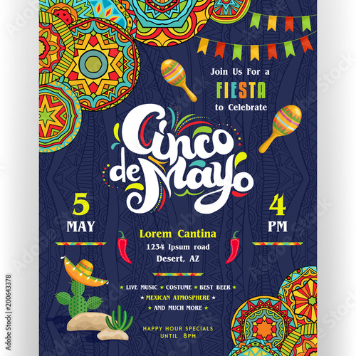 Cinco De Mayo announcing poster template. Mexican style ornaments for border and background. photo