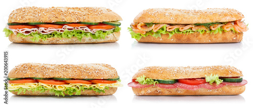 Collection of sub sandwiches with salami ham cheese salmon fish lateral isolated on white photo