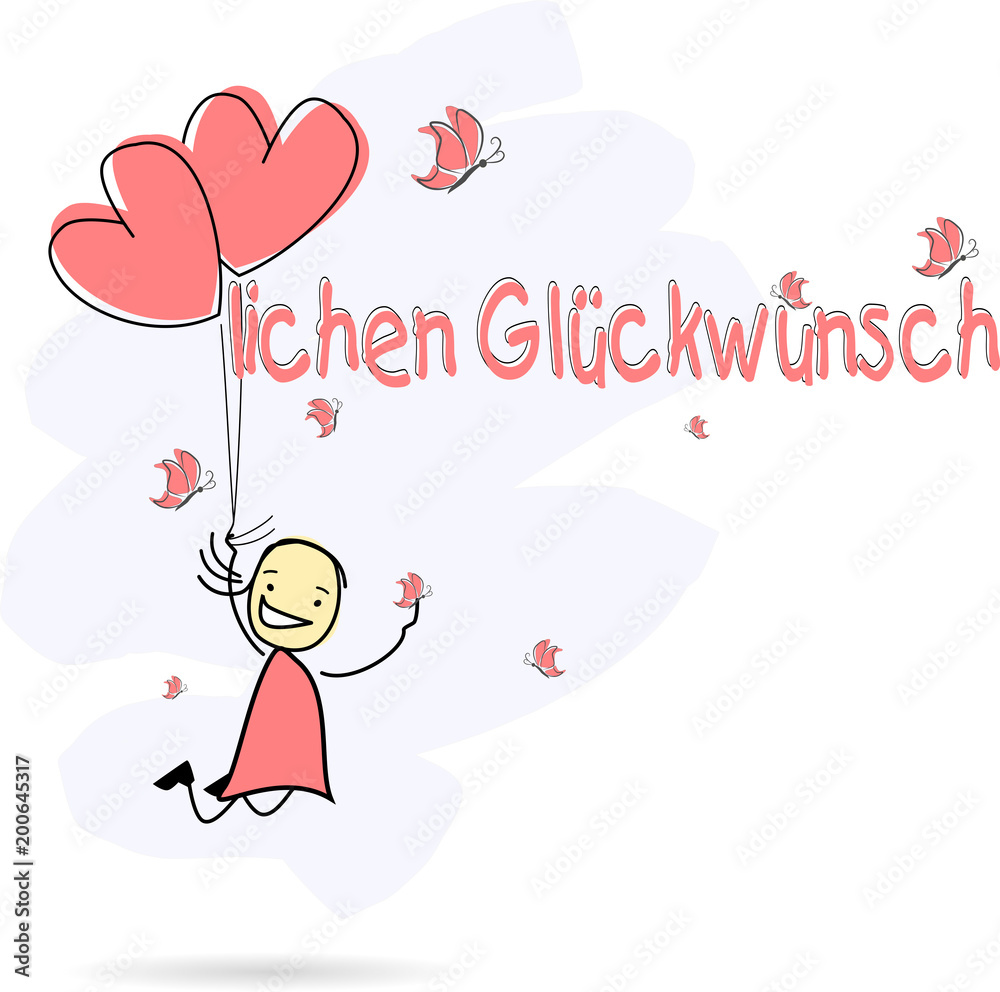 Mädchen hält Herzluftballons - Herzlichen Glückwunsch Mädchen hält Herzluftballons - Herzlichen Glückwunsch