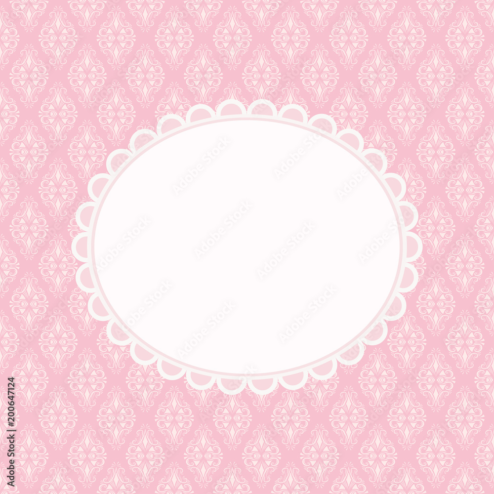 Invitation card with blank space for text on pink damask background. Vector illustration