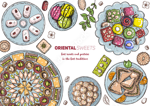 Oriental sweets vector illustration. Middle eastern food, hand drawn. Food menu background.