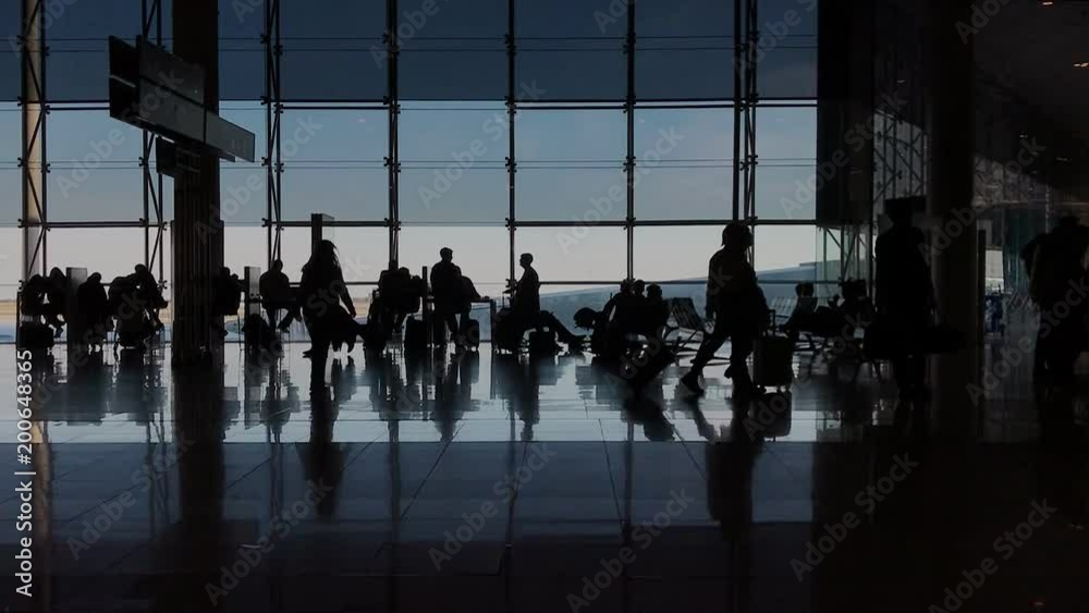 View of terminal of busy important bussiness international hub of airport, tourists, travelers and executives rush to gates for check-in. Concept meetings, connectivity and globalization
