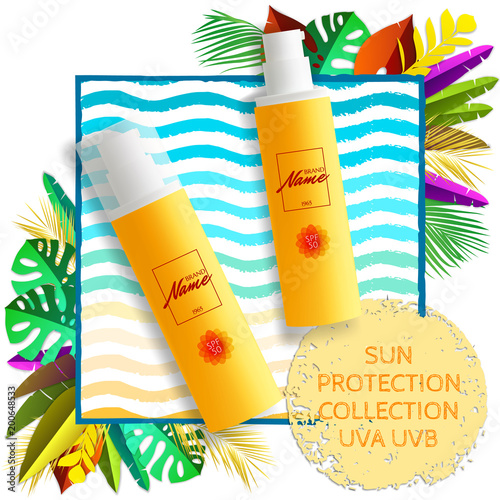 Design of advertising poster for cosmetics for catalogs and magazines. Sunscreen, lasen, oil. Protection against ultraviolet rays UVA, UVB. Sun protection cosmetic.