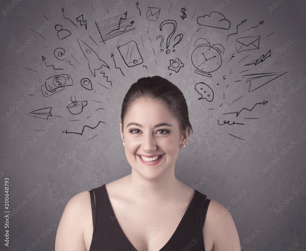 A dark brown haired pretty teenage girl with thoughts in her head illustrated by question mark, rocket, money, coffee, clock, email, social life icons drawn on the background wall concept. A dark brown haired pretty teenage girl with thoughts in her head illustrated by question mark, rocket, money, coffee, clock, email, social life icons drawn on the background wall concept.