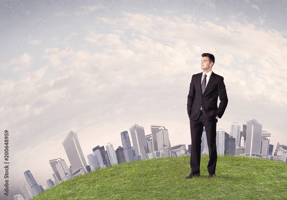 A successful male good looking business man standing in small green grass in front of city landscape with skyscrapers concept. A successful male good looking business man standing in small green grass in front of city landscape with skyscrapers concept.