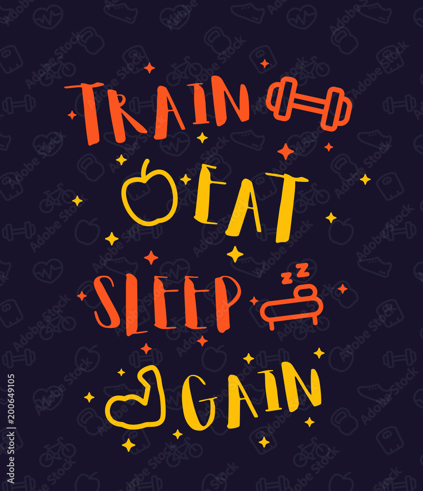 Train, eat, sleep, gym poster with fitness icons, vector