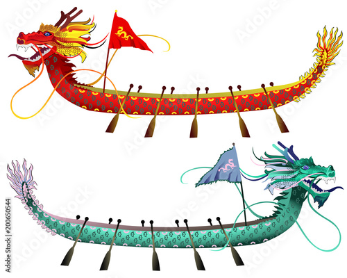 Dragon boats. Two vector illustrations isolated on white background, elements for Dragon Boat Festival (Duanwu or Zhongxiao) design. photo