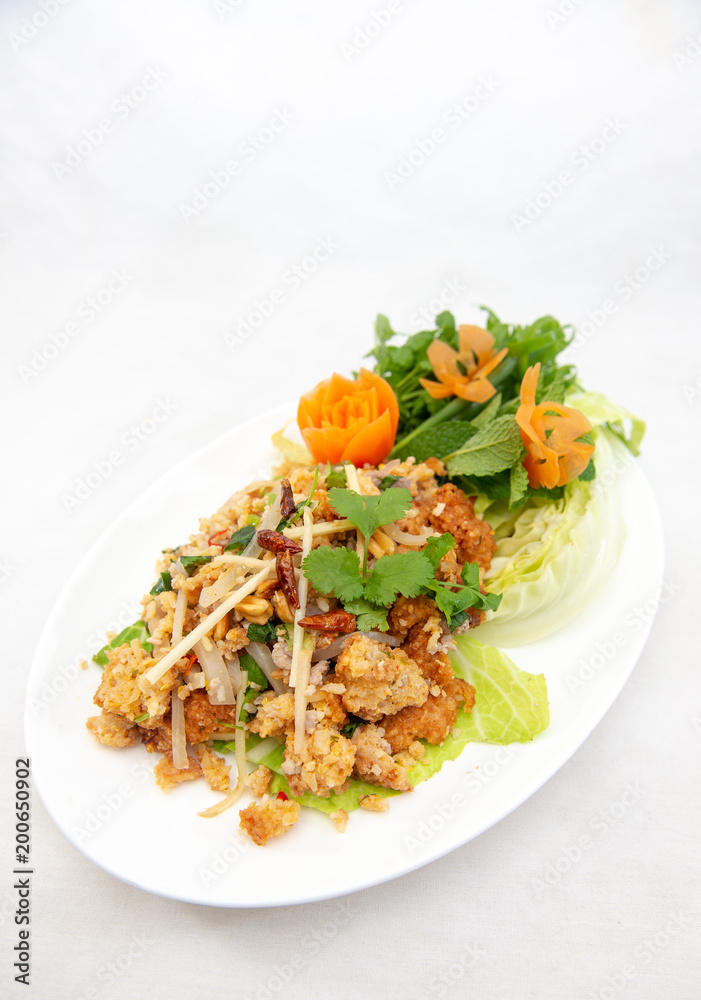 Yam Naem Khao Thot - Spicy Salad with fermented pork, vegetable and rice