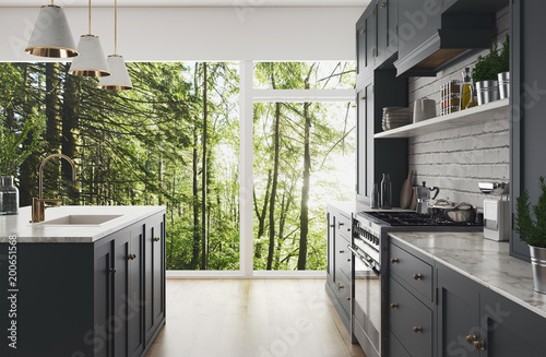 Cucina moderna realistica nel bosco, design minimal in legno e marmo, render 3d photo