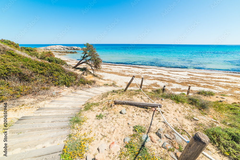 Wooden boardwalk by the beach in Scoglio di Peppino shore