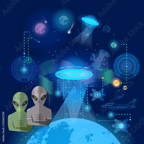 UFO, aliens in space secret files kidnapping extraterrestrial beings, alien spaceship. UFO in dark night sky vector