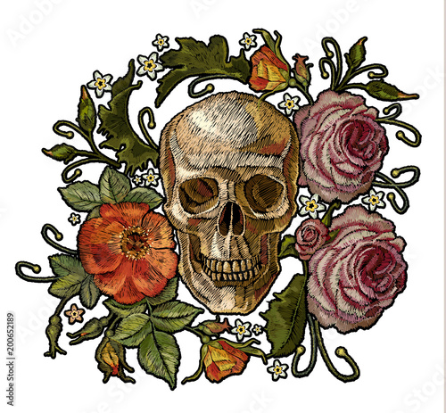 Embroidery skull and red roses. Gothic romanntic embroidery human skulls red roses and pink peonies, clothes template and t-shirt design vector art. Dia de muertos, day of the death