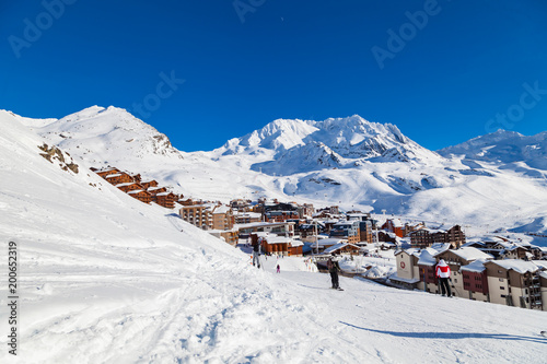 VAL THORENS  FRANCE - JANUARY 24  2018  View to ski resort Val Thorens from ski piste  Three Valleys