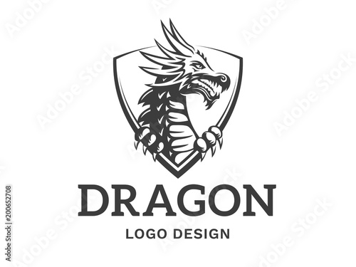 Vector head of a dragon in the form of a shield illustration, logotype, print, emblem design on a white background.