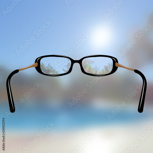 Realistic glasses for poor eyesight. Blurred image. Focus effect. Refraction of light. For optics stores. 10 eps