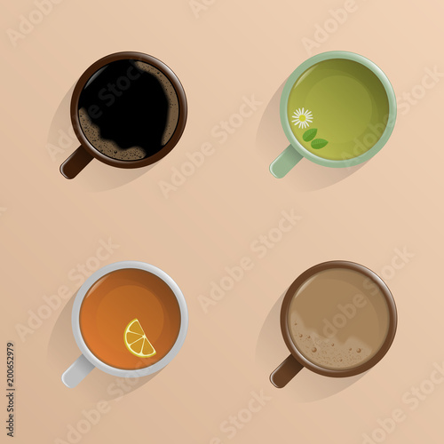 Set of four cups. The view from the top. Black coffee, black tea, green tea, coffee with milk. With shadow on beige background. Icons. 10 eps