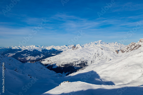 Winter Alps landscape from ski resort Val Thorens. 3 valleys, France