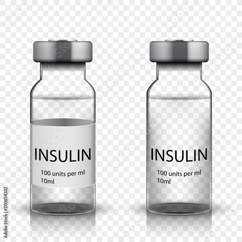 Transparent glass medical vial with insulin, vector illustration