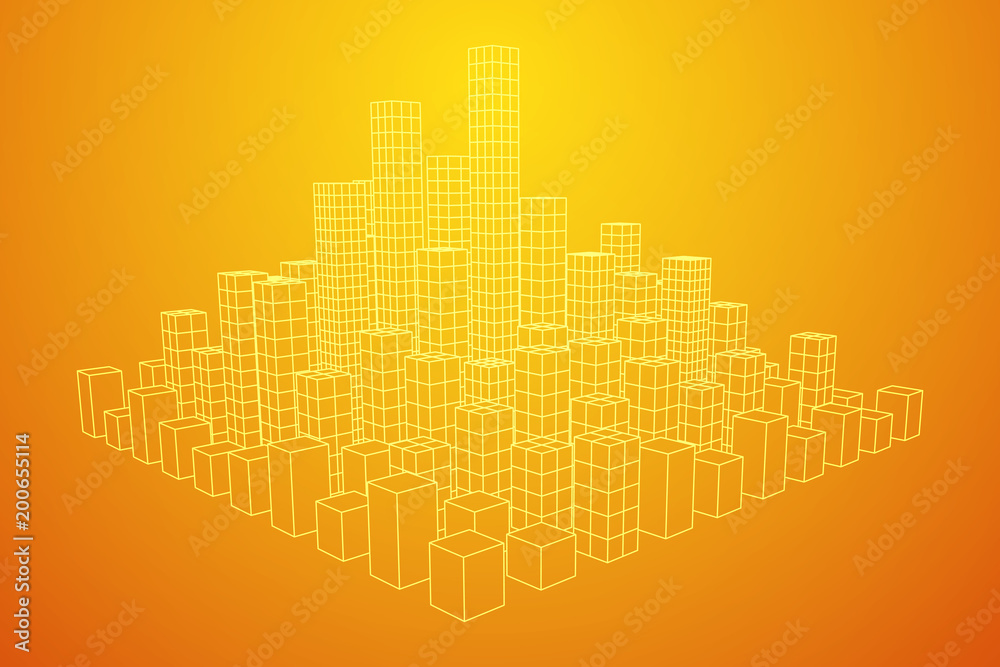 Mesh low poly wireframe cubes array like skyscraper city. Connected lines town. Connection Box Structure. Digital Data Visualization Concept. Vector Illustration. Mesh low poly wireframe cubes array like skyscraper city. Connected lines town. Connection Box Structure. Digital Data Visualization Concept. Vector Illustration.