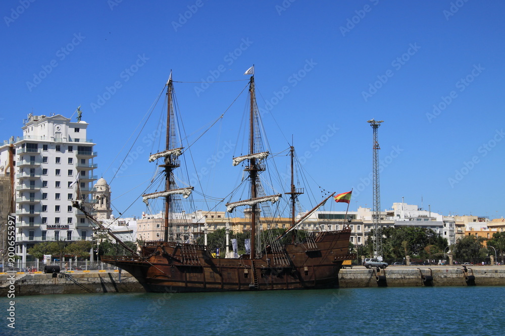 Galleon in the seaport of the ancient city of Cadiz.