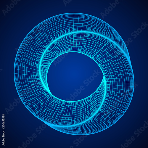 Mobius strip ring sacred geometry. Spatial figure with upturned surfaces. Optical illusion with dual circular contour. Wireframe low poly mesh vector illustration.