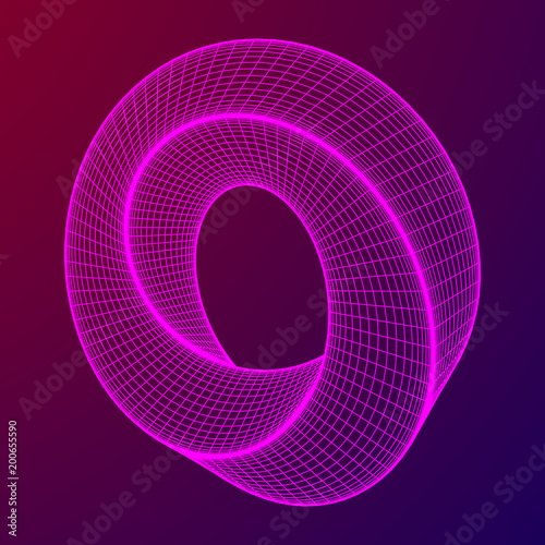 Mobius strip ring sacred geometry. Spatial figure with upturned surfaces. Optical illusion with dual circular contour. Wireframe low poly mesh vector illustration.