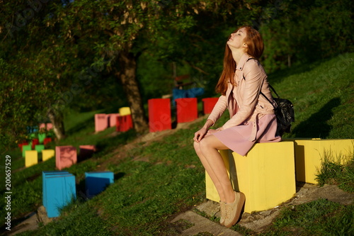 Young girl resting in the Park, copy space
