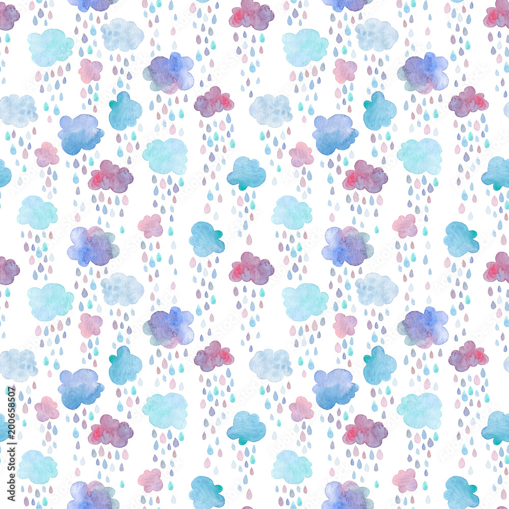 Seamless pattern with hand painted clouds and falling raindrops. Colorful watercolor illustration isolated on white background. Seamless pattern with hand painted clouds and falling raindrops. Colorful watercolor illustration isolated on white background.